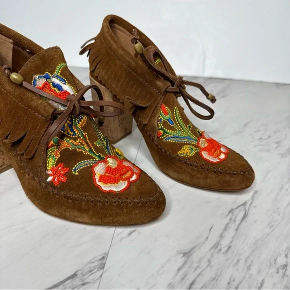 Tory Burch Huntington Fringe Brown Suede Beaded Bootie 5 1/2 M